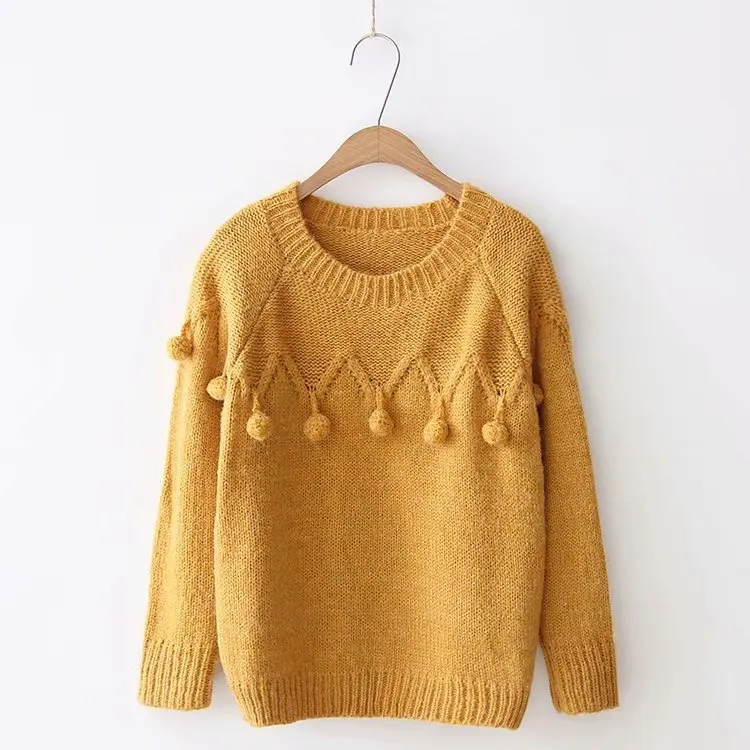 Temperament Chic Pullover Sweater Lady Fashion Warm Knitted Sweaters Student Pure Color Hairball Sweet Girl Knitting Tops H9487