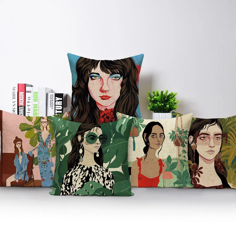 

Cartoon Girls Cushion Cover Square Pillow Covers for Sofa Chair Home Decor Living Room Modern Girl Throw Pillows Cases