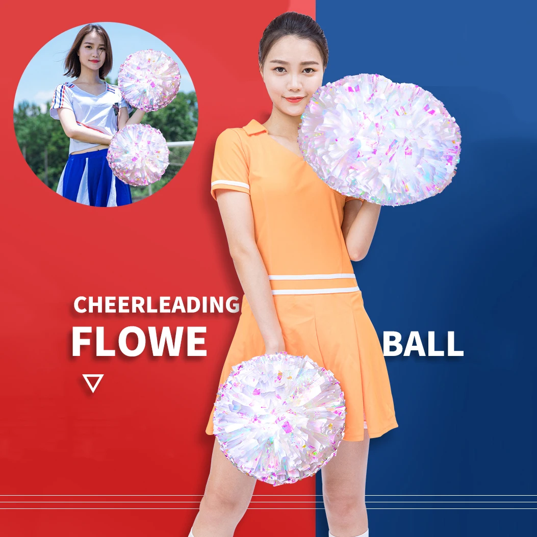 2pcs Rainbow Flower Ball Metallic Cheerleader Pom Poms Girl Cheering Dance Decorator Cheerleading Pompoms Cheer Pom Majorettes