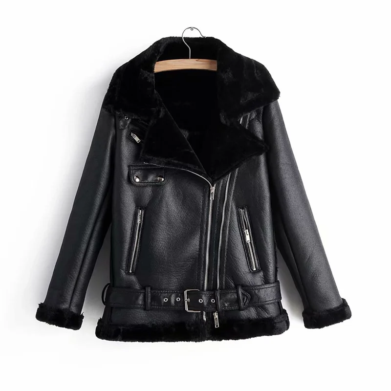 

Fashion women faux lamb wool fur leather jacket winter lady thick PU outerwear cool female zipper suits moto girls jacket Tops