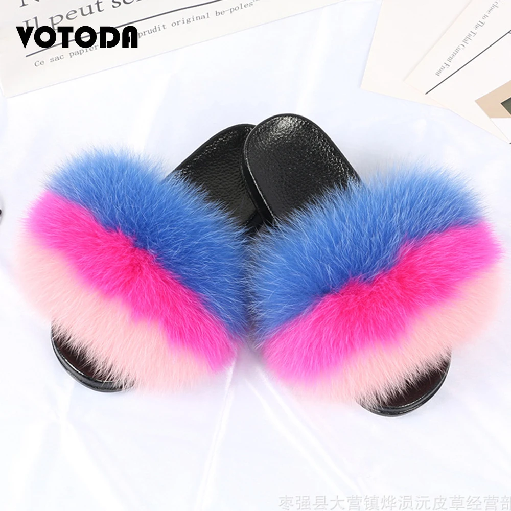 Fur Slippers Women Real Fox Fur Slides Indoor Flat Flip Flop Casual Raccon Fur Sandals Furry Plush Shoes Cute Fluffy House Shoes