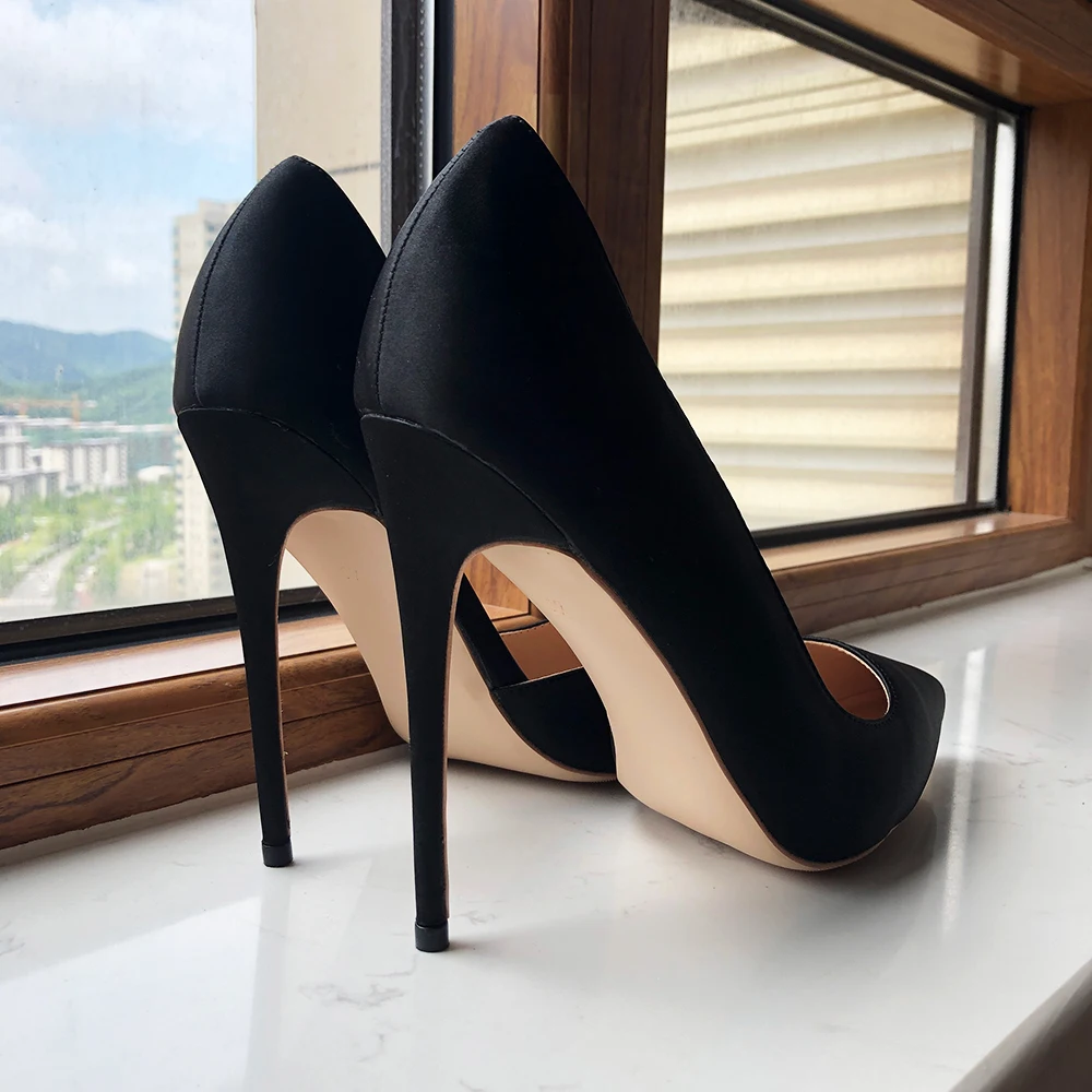 Tikicup Women Black Silk Satin D\'Orsay Stiletto Pums Pointe Toe Slip on Elegant Ladies Formal Fashion Chic High Heel Dress Shoes
