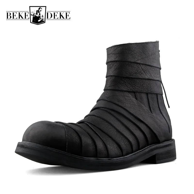 Punk Style Harajuku Genuine Leather Spliced Mens Mid Calf Boots Personality Designer New Round Toe Back Zipper Increase Boots