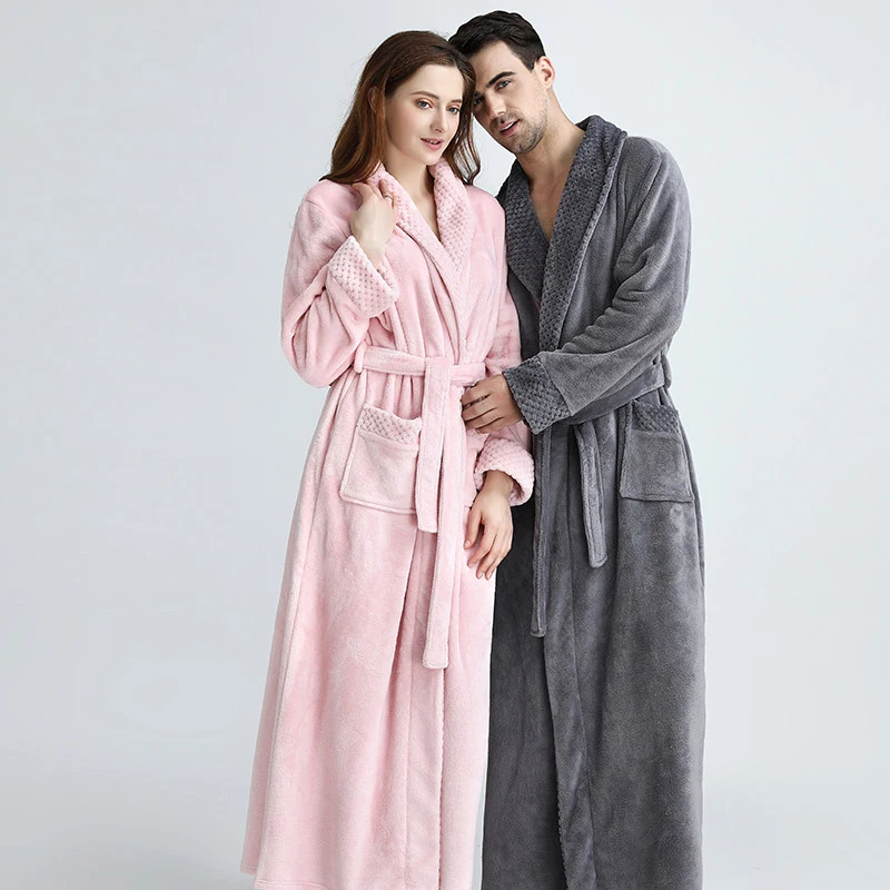 Women Extra Long Plus Size Winter Warm Coral Fleece Bathrobe Men Flannel Bath Robe Kimono Spa Bride Dressing Gown Cozy Sleepwear