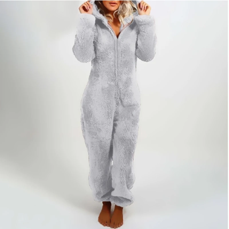 Mulheres lã quente de pelúcia com capuz pijamas macacão outono inverno cor sólida manga longa casual pijamas homewear