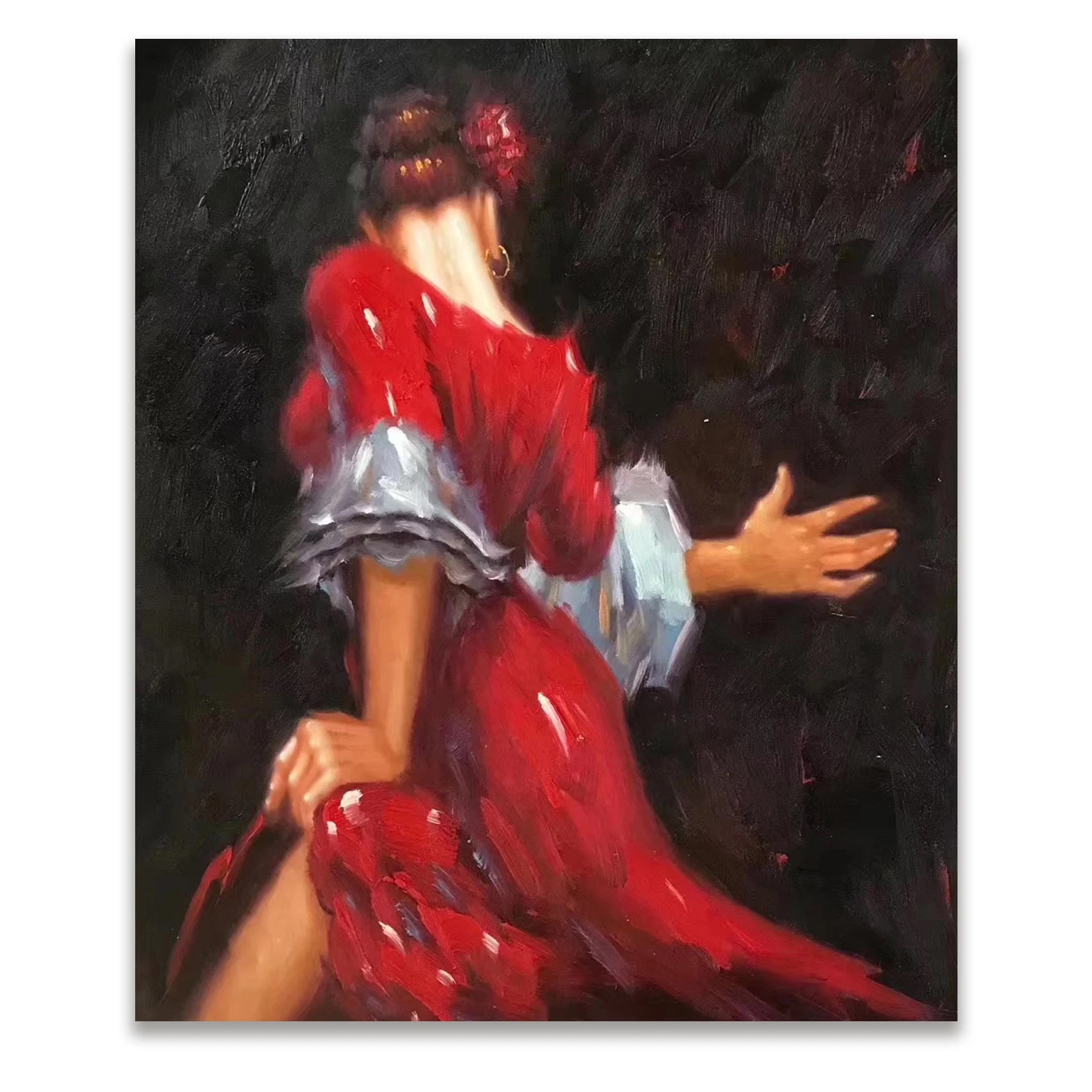 

On the canvas art impressionist living room wall hangs a beautiful Spanish dancer hand-painted by a girl in red