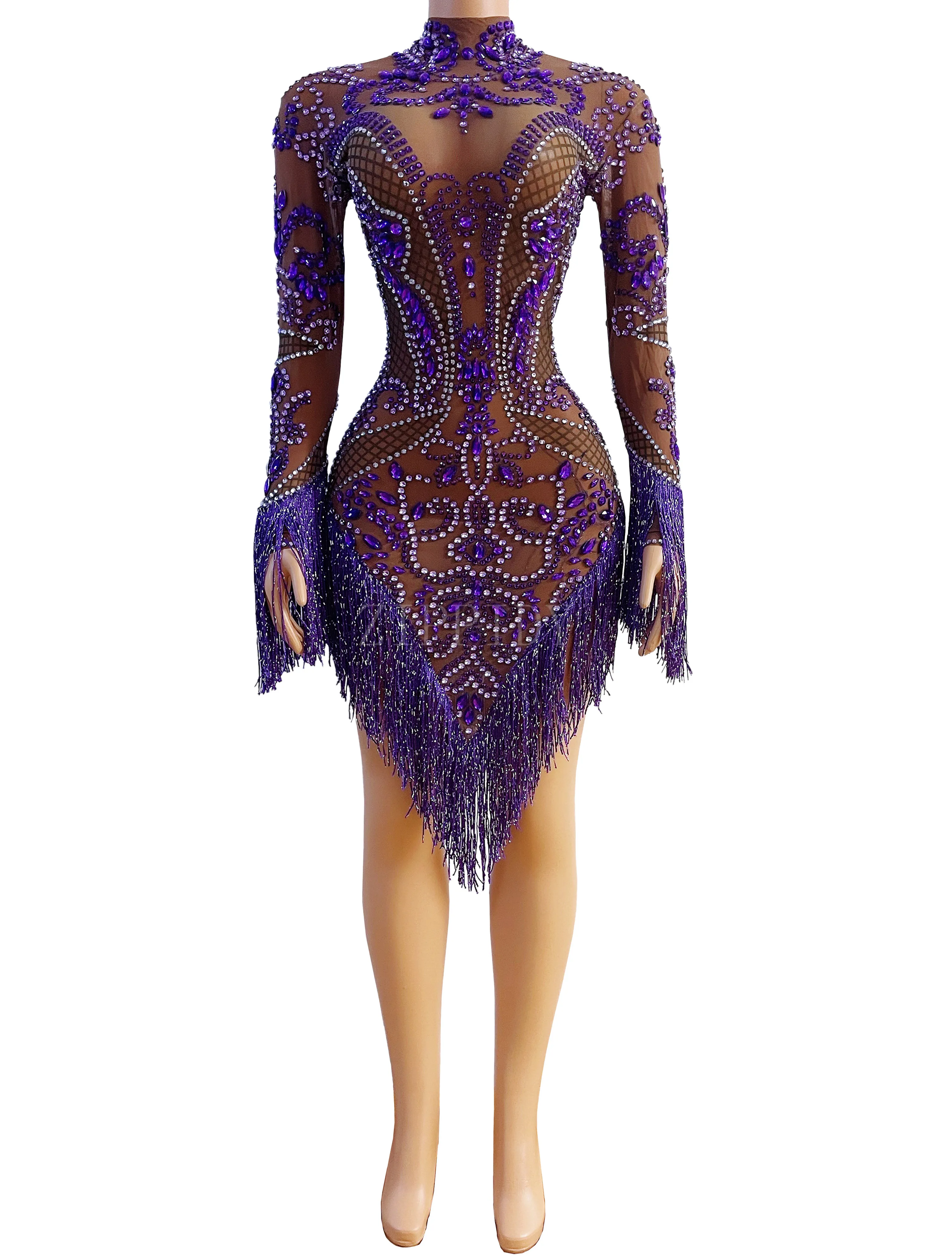 

Purple Fringes Rhinestones Mesh Transparent Dress Women Birthday Evening Celebrate See Through Sexy Dance Singer Tassels Outfit