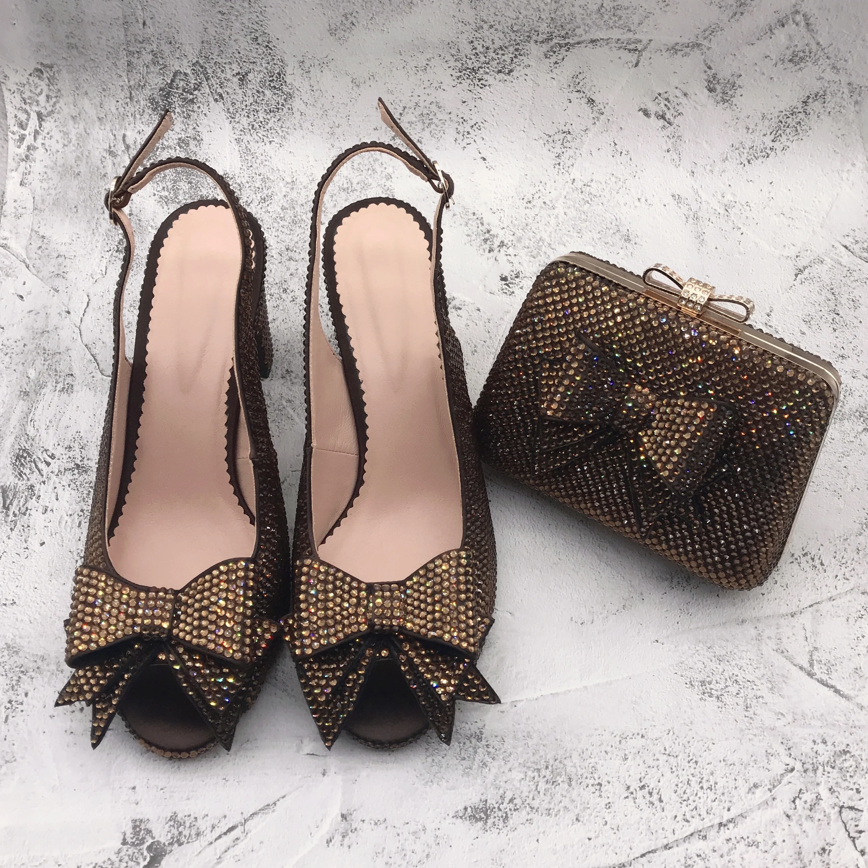 BS1388  Customizable Various Heel  Women Shoes Dress Pumps  Bridal Wedding Shoes  Coffee Brown Crystal Shoes With Matching Bag