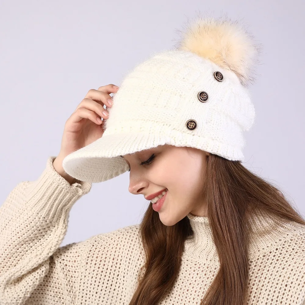 Autumn And Winter Female Warm Hat Beanies Cap With Visor Women Skullies Acrylic Button Hairball Plus Velvet Warm Soft Knitting