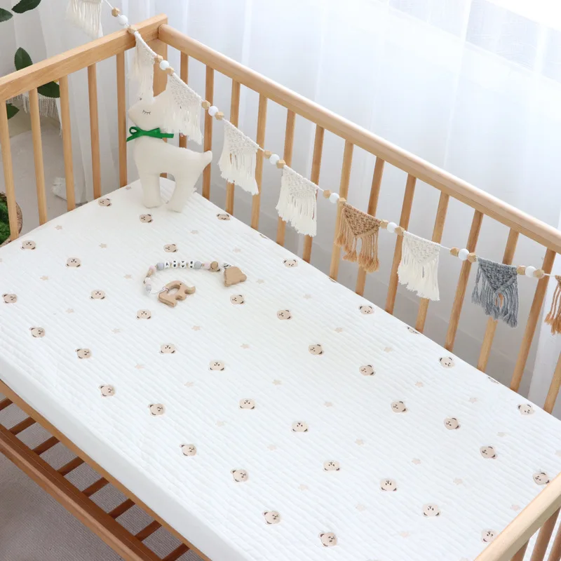 Imagen 3: Sábana bajera elástica acolchada de algodón coreano con bordado de estrellas y cereza, limón, oso, sábanas para cuna de bebé, ropa de cama, funda de colchón