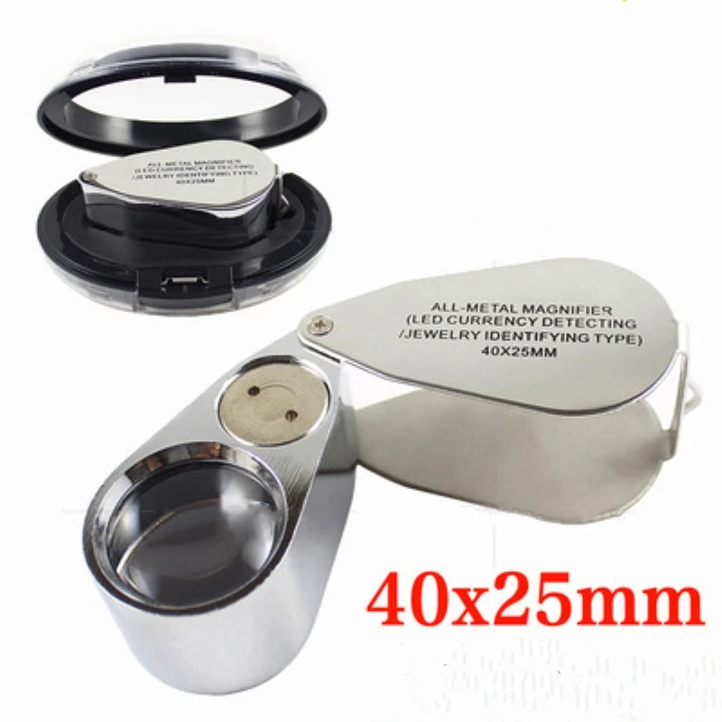 Lupa de gran aumento con luz LED, lámpara de Metal plegable, Detector de moneda, para identificación de joyas, 40x25mm