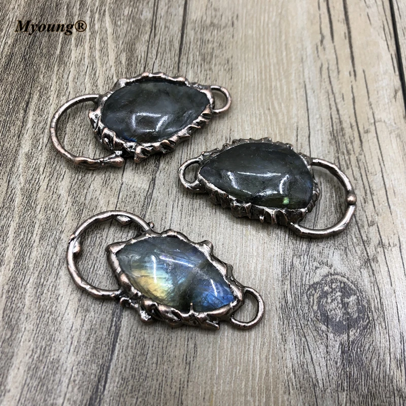 10PCS Natural Flash Labradorite Vintage Pendants, Antique Copper Double Loops Stone Connectors Boho Jewelry Making  MY210437