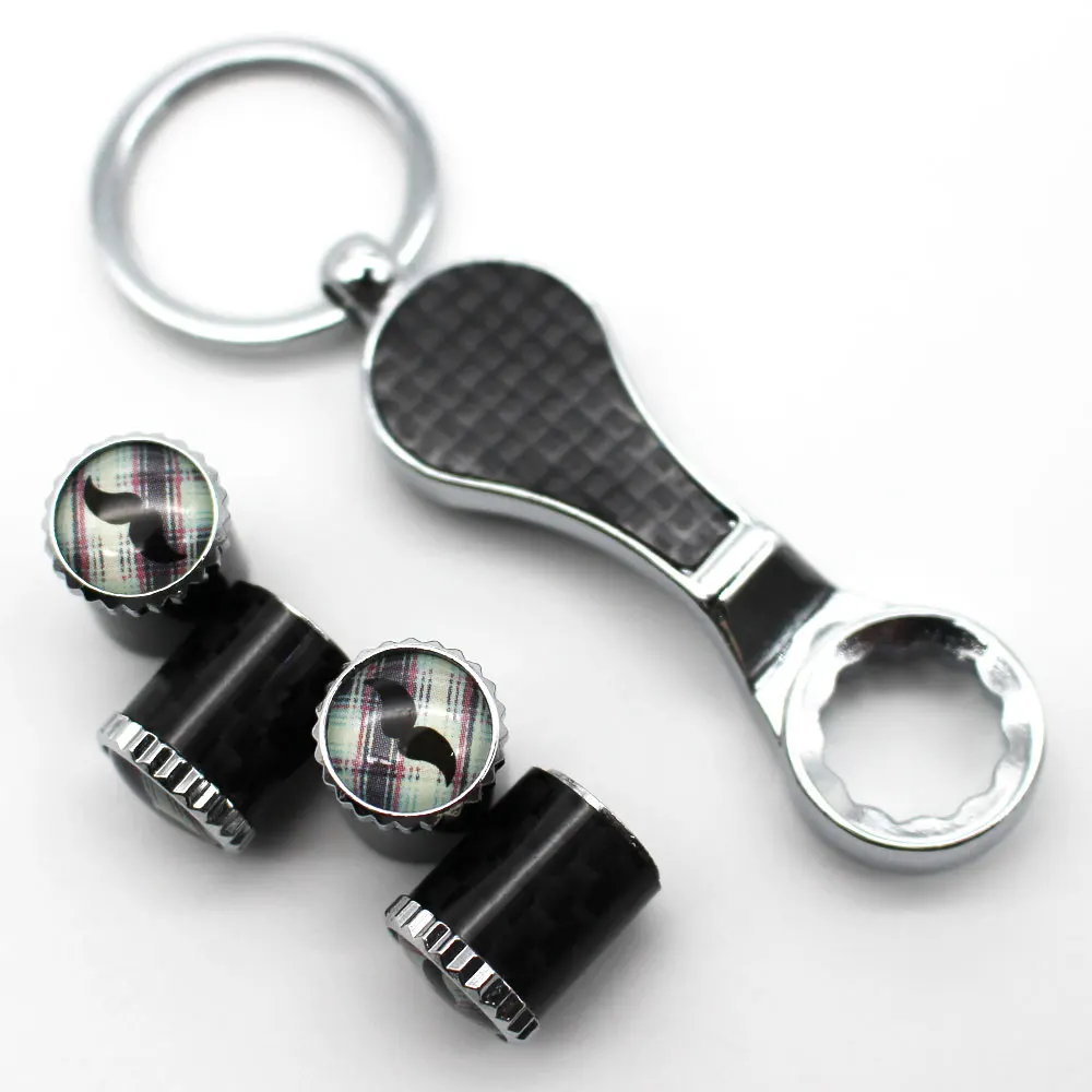 5Pcs/Set Mustache Style Emblem Auto Car Wheel Tire Air Valve Caps With Wrench Keychain Carbon Fiber + Copper Stem Dust Cover Acc