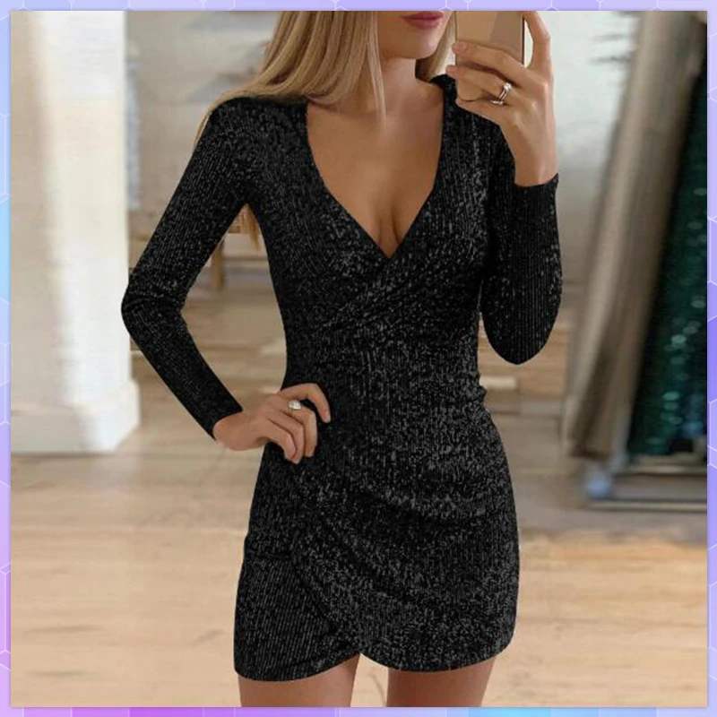 

Платье Женское Sexy Women's Dress Sequins Glitter Women V-Neck Long Sleeve Self Cultivation Dresses Elegant Ladies Party Dresses