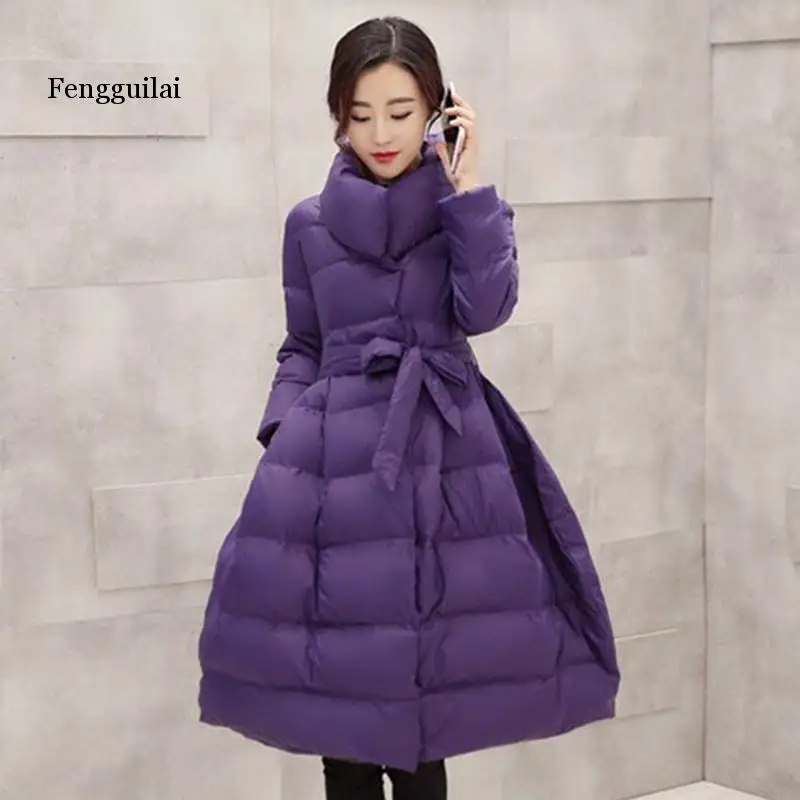 winter fashion women Coats medium-long cotton-padded jacket Thick lacing waist Large Hem Parka Overcoat