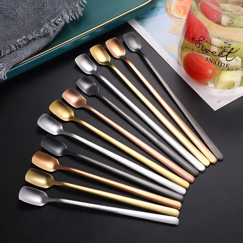 1PC Stainless Steel Square-Headed Teaspoon Long Handle Cutlery Coffee Tea Spoons Dessert Ice Cream Mini Scoop Kitchen Tableware