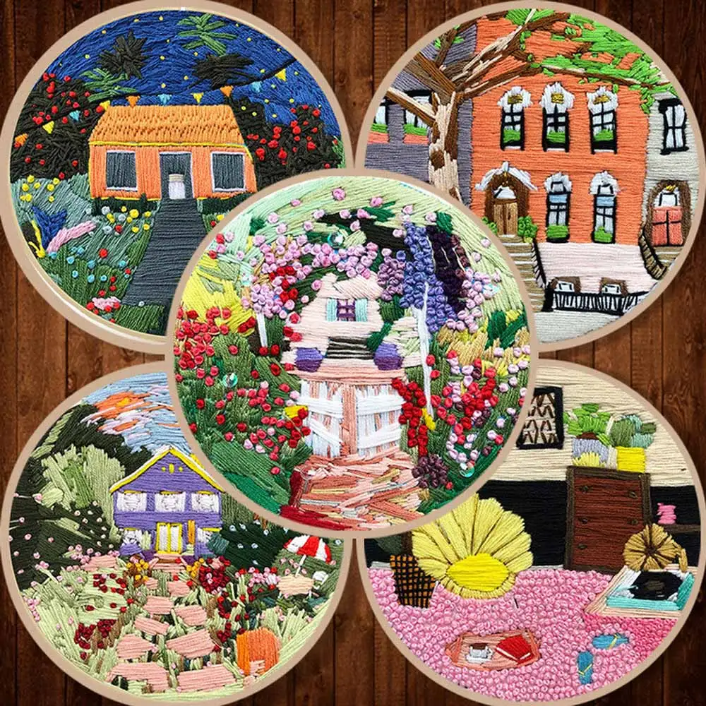 

Set Scenery Villa Lodge Pattern 3D Embroidery Knitting Kit DIY Cross Stitch Decor Paintings Needlework Fil Tools Material Pack