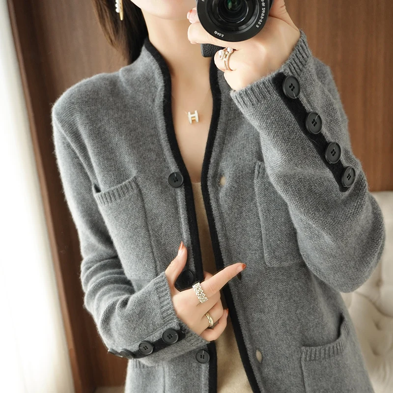 100% Cashmere Jacket 2023 Fall/Winter Women\'s Stand Collar Cardigan Wool Sweater Casual Knit Tops Korean Large Size Female Coat