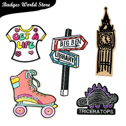 Cartoon Decorative Clock Tower Dinosaur Roller Skates Icon Embroidered Applique Patches For DIY Iron on Badges on the Backpack