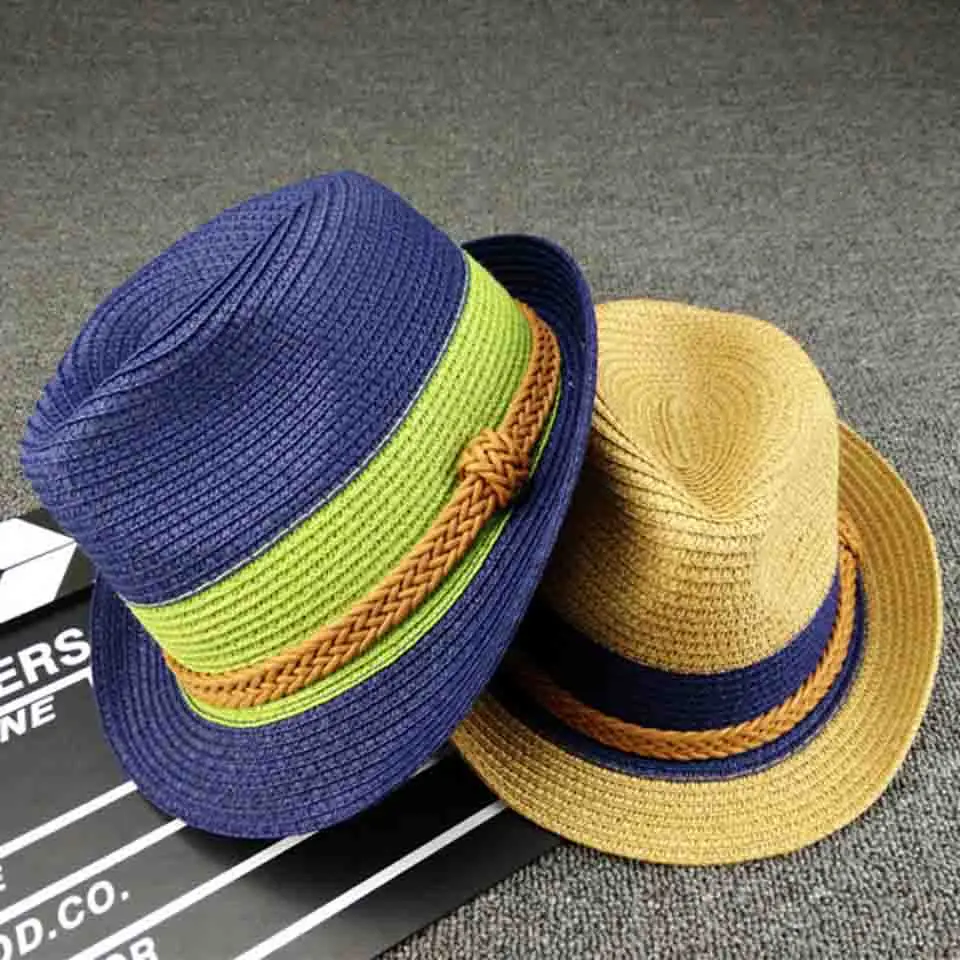 Summer Jazz Straw Hat Men Sun Cap Parent-child Beach Hat Hemp Rope Patchwork Striped Kids\' Straw Hat Mom And Baby Hats for Women