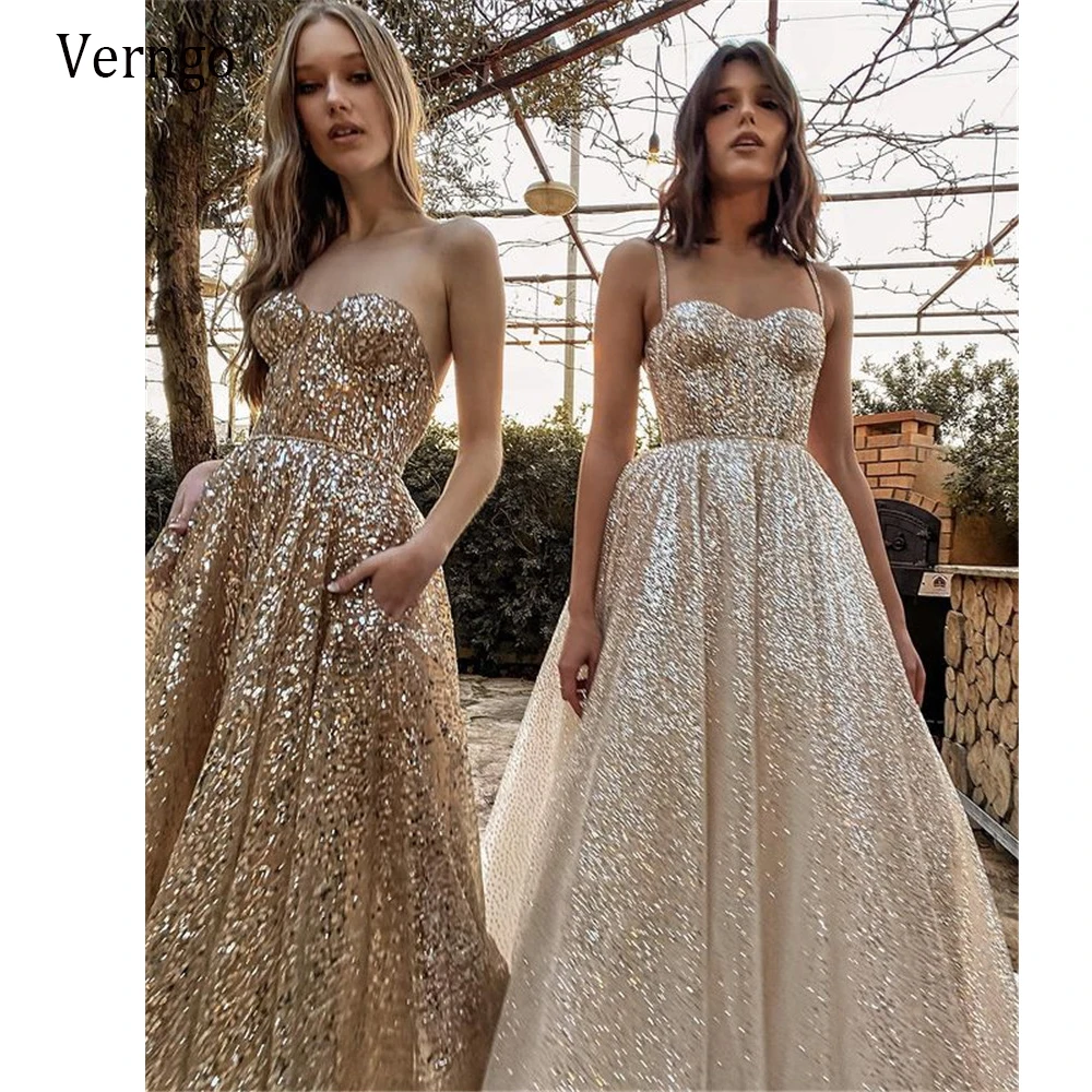 Verngo 2023 Sparkly Gold Sequins A Line Long Evening Dresses Spaghetti Strap Sweetheart Ankle Length Formal Prom Gown Customized