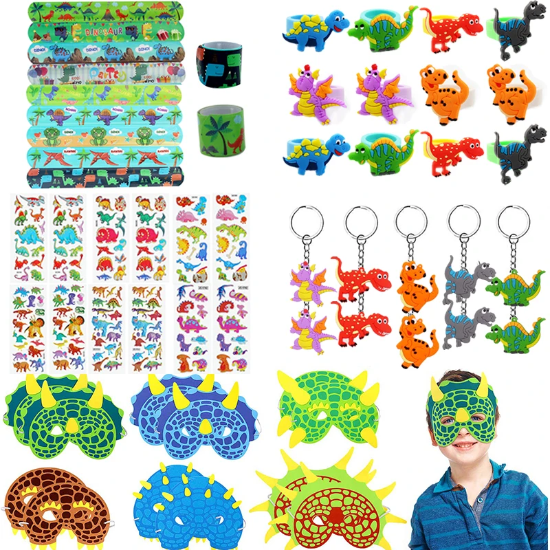 60pcs Dinosaur Birthday Party Favor Christmas Gifts Boys Dinosaur Slap Bracelets Masks Keychains Rings Pinata Goodie Bag Fillers