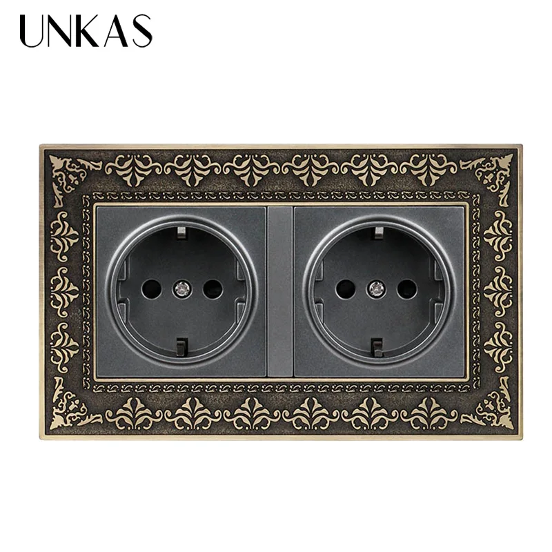 UNKAS 16A Dual EU Standard Power Socket 4D Embossing Retro Zinc Alloy Panel AC 110~250V 146mm * 86mm