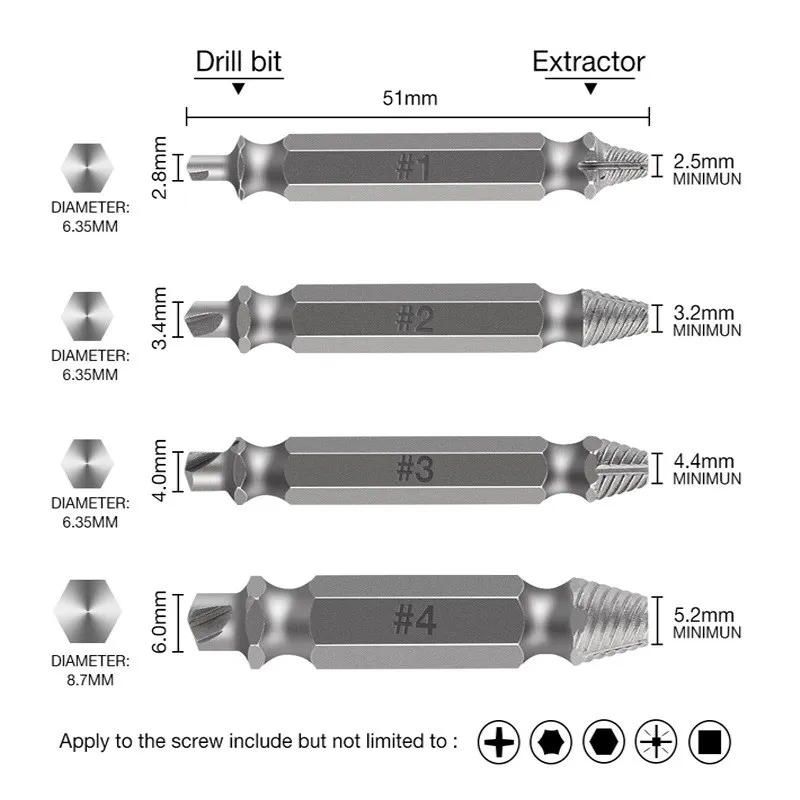 4Pcs Tapeinduithalerset S2 4341 Dubbele Kop Elektrische Schroevendraaier Bit Materiaal Beschadigd Tapeinduithalerset Stud Schroef Removal Tool