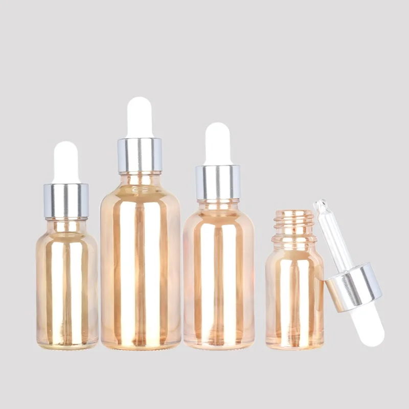 20pcs Gold Dropper Glass Silver Cover 5-100ML Cosmetic Aromatherapy Liquid for Essential Massage Oil Pipette Refillable Bottles