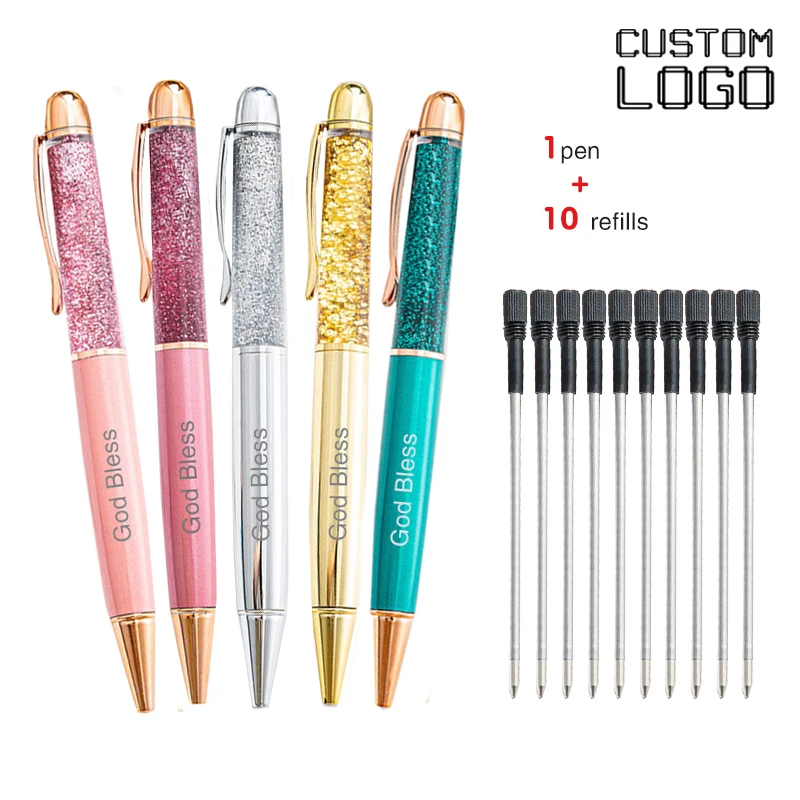 

1Pen+10Refills Custom Engraving Gold Powder Quicksand Metal Ball Point Pen Business Advertising Student Office Writing Pens