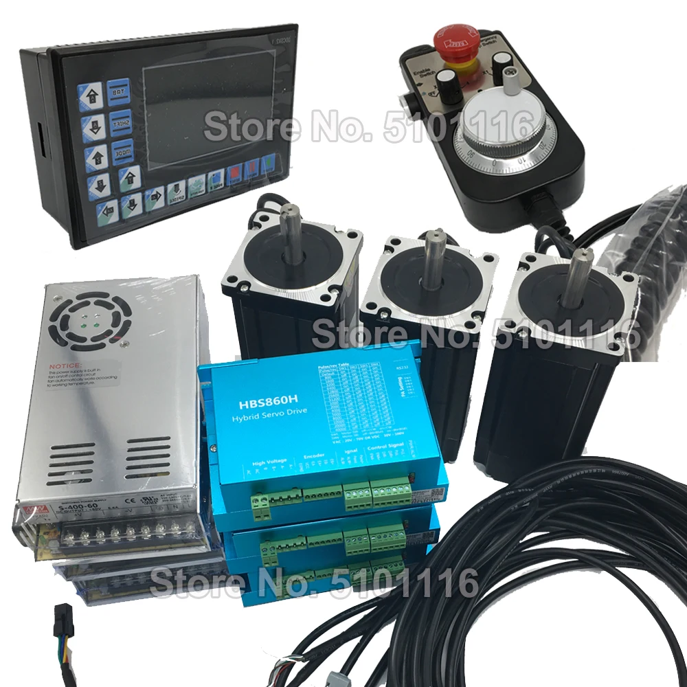 XYZ Axis 8.5Nm Nema34 86MM Closed Loop Stepper Motor+ Driver + Power Supply +3Axis Offline Controller G PLC + MPG Kits for CNC