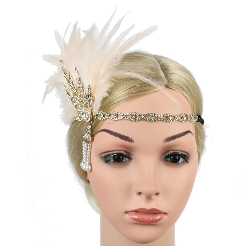 1920s Flapper Headband Feather Headpiece Roaring 20s Great Gatsby Inspired Leaf Medallion Pearl Headband Women Hair Accessories