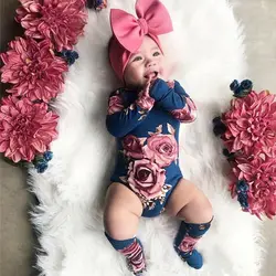 0-24M Newborn Baby Girl Clothing Autumn Long Sleeve Floral Romper Jumpsuit + Warm Leg Socks Outfit Baby Clothes