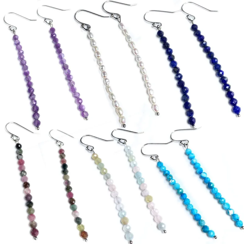 2024 New Natural Tourmaline crystal lapis lazuli stone 4mm faceted tassel earrings for Women Wedding Earing Fashion Jewelry Gift