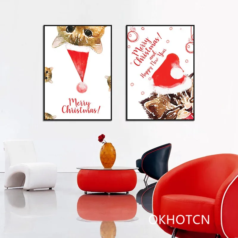 

Merry Christmas Cat Canvas Posters Nursery Wall Art Print Animals Painting Pictures Baby Room Living Room Decor