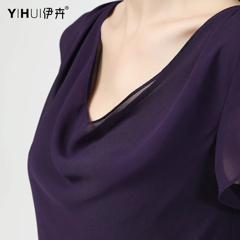 2021 Women Short Sleeve Summer Chiffon Blouse Purple V-Neck Tops Slim All-match Double Layered Fashion Casual Ladies Blouses