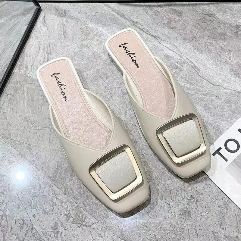 Slippers Women Summer 2021 New Fashion Square Toe Flats Sandals Women\'s Shoes Muller Cool Slipper Flip Flops Slides Outdoor