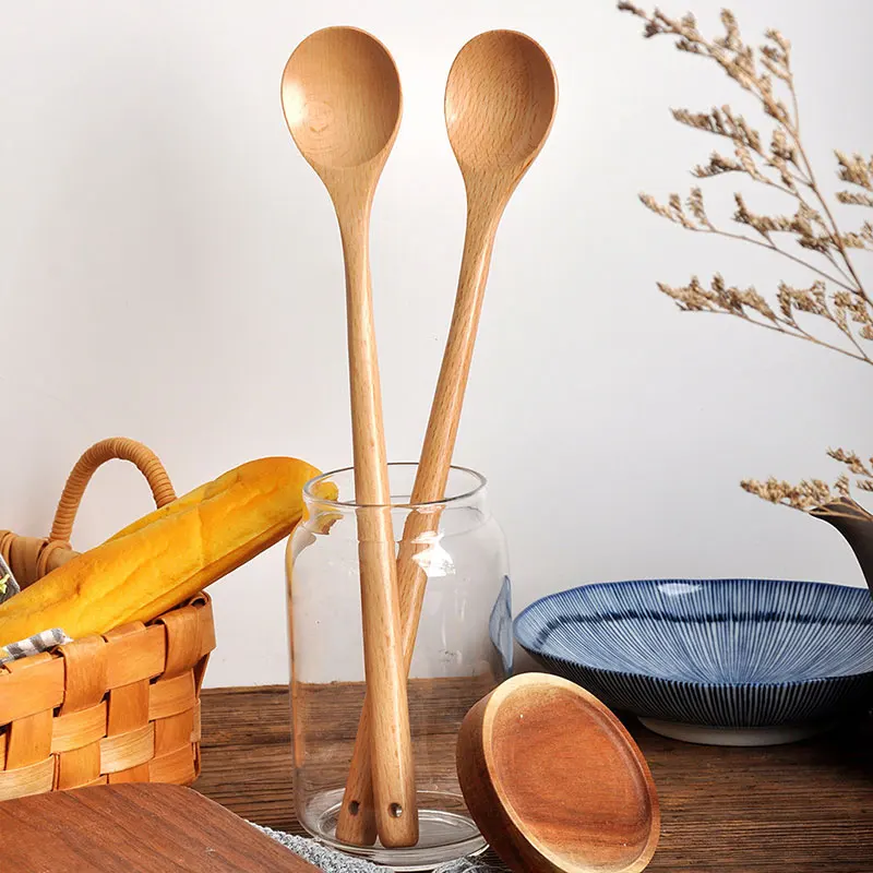 For Kitchen Wooden Lengthened Cooking Spoon, Kitchen Cooking Utensil Tool Long-Handled Wooden Spoon For Mixing Cooking  Natural