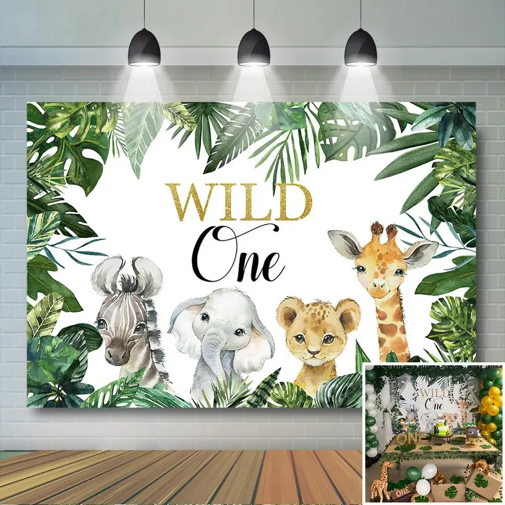 야생 한 배경 녹색 잎 사파리 동물 배경, 정글 동물 야생 한 생일 베이비 샤워 파티 배너