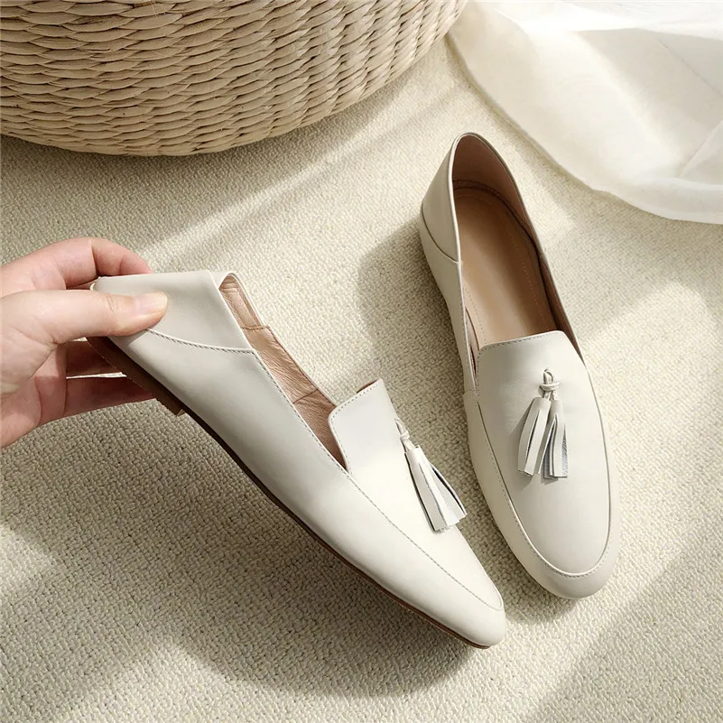 Meotina Genuine Leather Flat Loafers Shoes Women Round Toe Shoes Cow Leather Fringe Flats Footwear Ladies Casual Shoes White 40