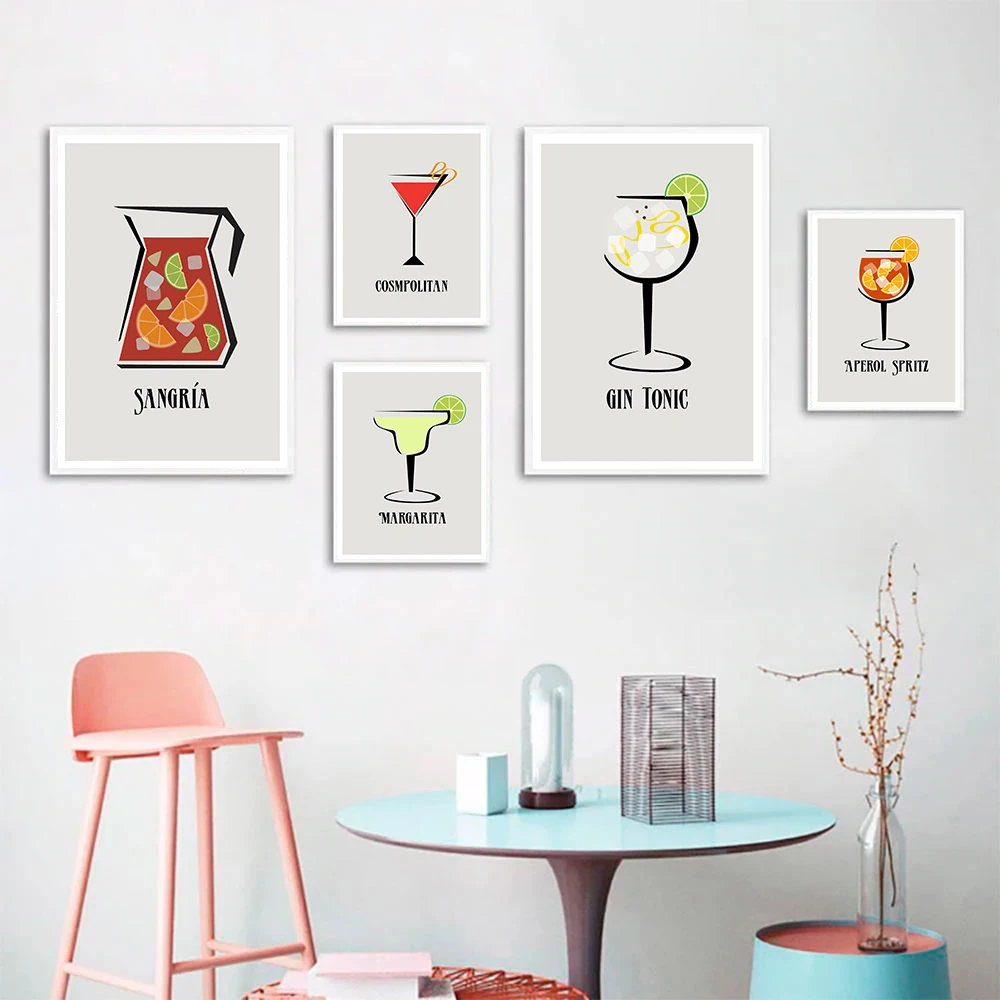 Canvas Painting Aperol Spritz Gin Tonic Margarita Recipe Cocktail Print Poster Glass Cup Kitchen Drinks Bar Wall Art Home Decor