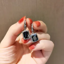 French elegant and simple black crystal square pendant earrings women's trendy prom party accessories