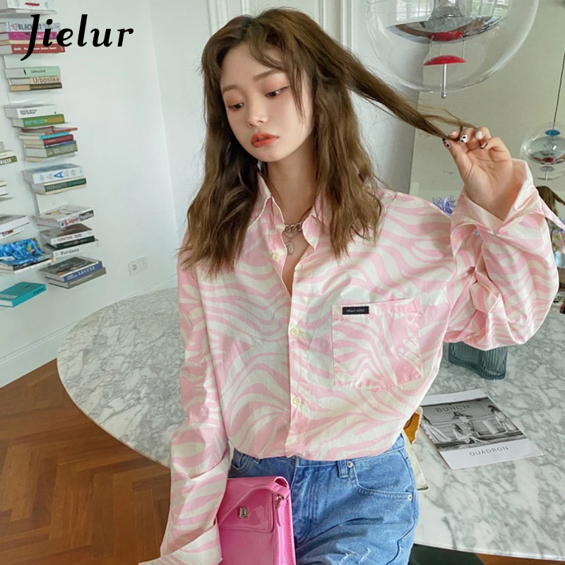 Jielur New Women's Shirt Loose Long Sleeve Blouse Turn-Down Collar Top Pink Blouses BF Pockets Vintage Shirt Blusa Feminina S-L