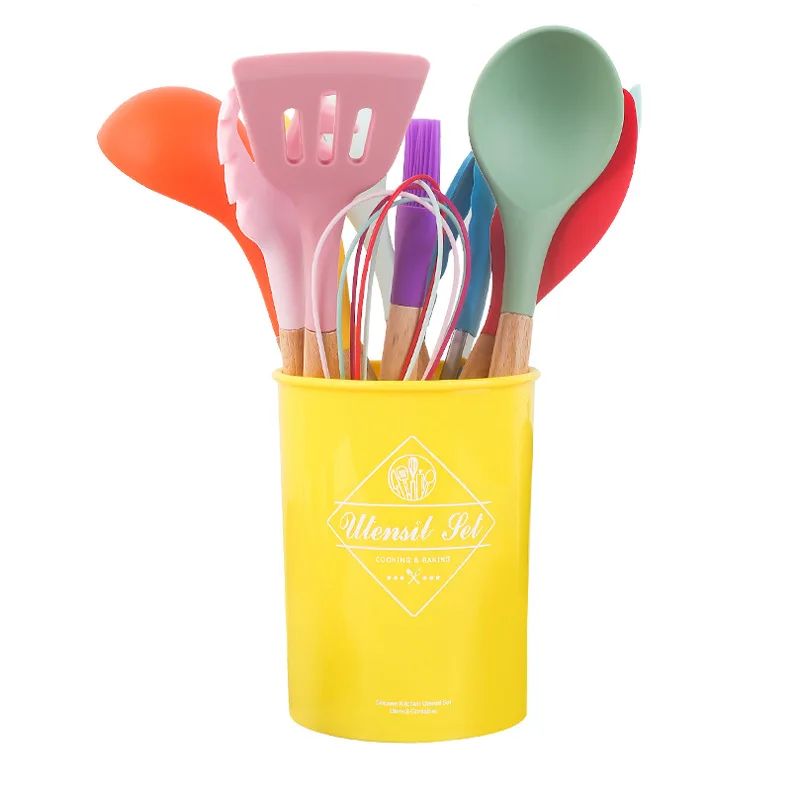 

Creative Color Kitchen Tools Customizable Silicone Spatula Spoon Wooden Handle Silica Gel Kitchen Ware 11-Piece Set