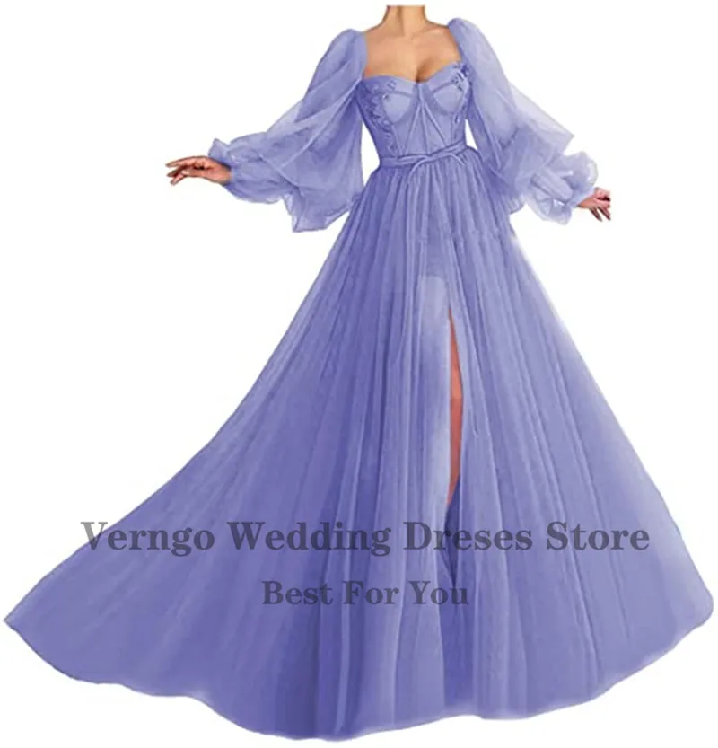 Verngo-A Line Blue Tulle Long Prom Dresses, mangas elegantes Puff, Applique Querida, fenda lateral, Lace Up Vestidos de noite, Custom Made