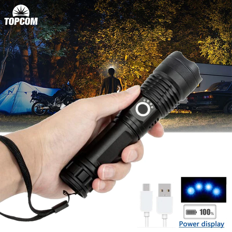 

TOPCOM Portable LED Flashlights USB Rechargeable Powerful Tactical Modes Torch Waterproof Outdoor Camping Emergency Flashlight