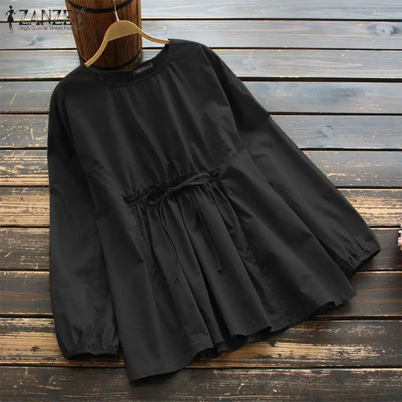 ZANZEA Elegant Ruffles Blouse Women Autumn Shirt Casual O neck Long Sleeve Tops Female Solid Cotton Blusas Chemise Femininas