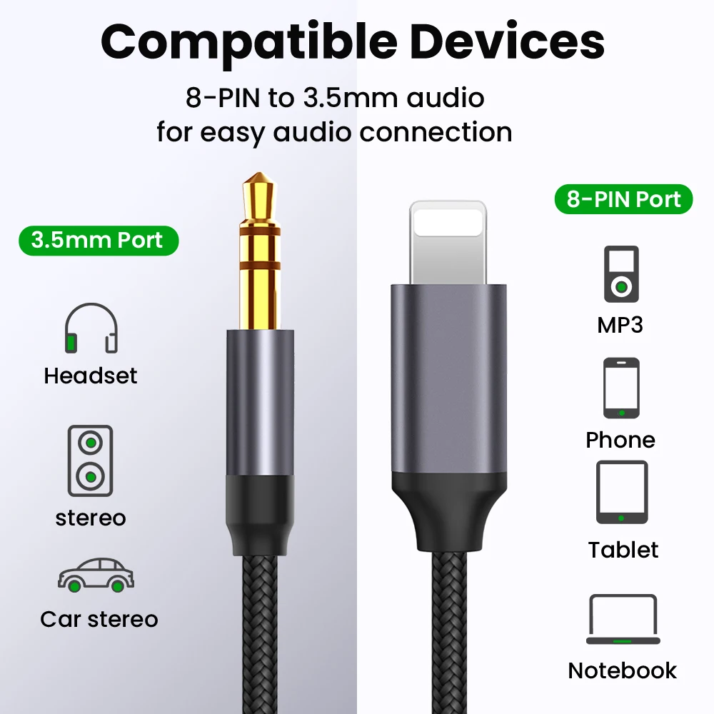 8 Pin To 3.5mm Jack AUX Cable 8PIN To AUX Headphone Adapter Audio Extension Kable Connector Splitter For iPhone 14/13/12/11