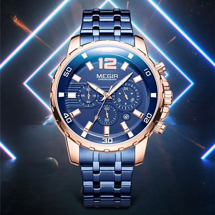 MEGIR 2068G Men's Blue Quartz Watches Business Chronograph Analogue Wrist Watch For Men Waterproof Luminous Wristwatches