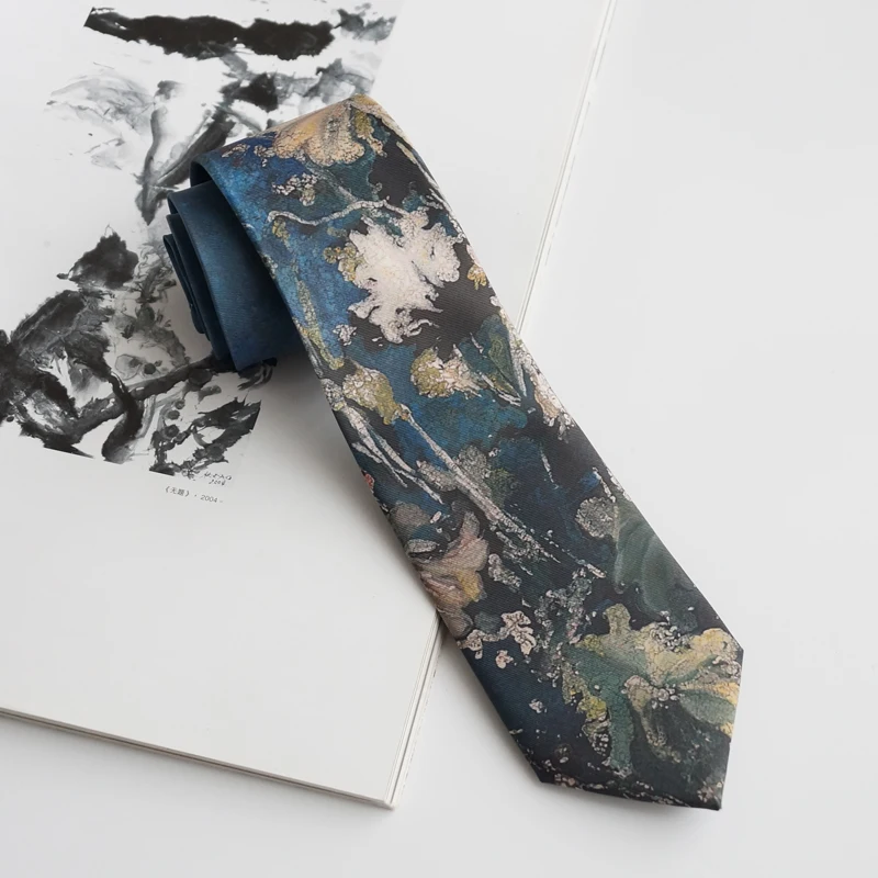 Free Shipping New Male men's Original design retro personality gift necktie blue-green oil painting texture lotus leaf print tie